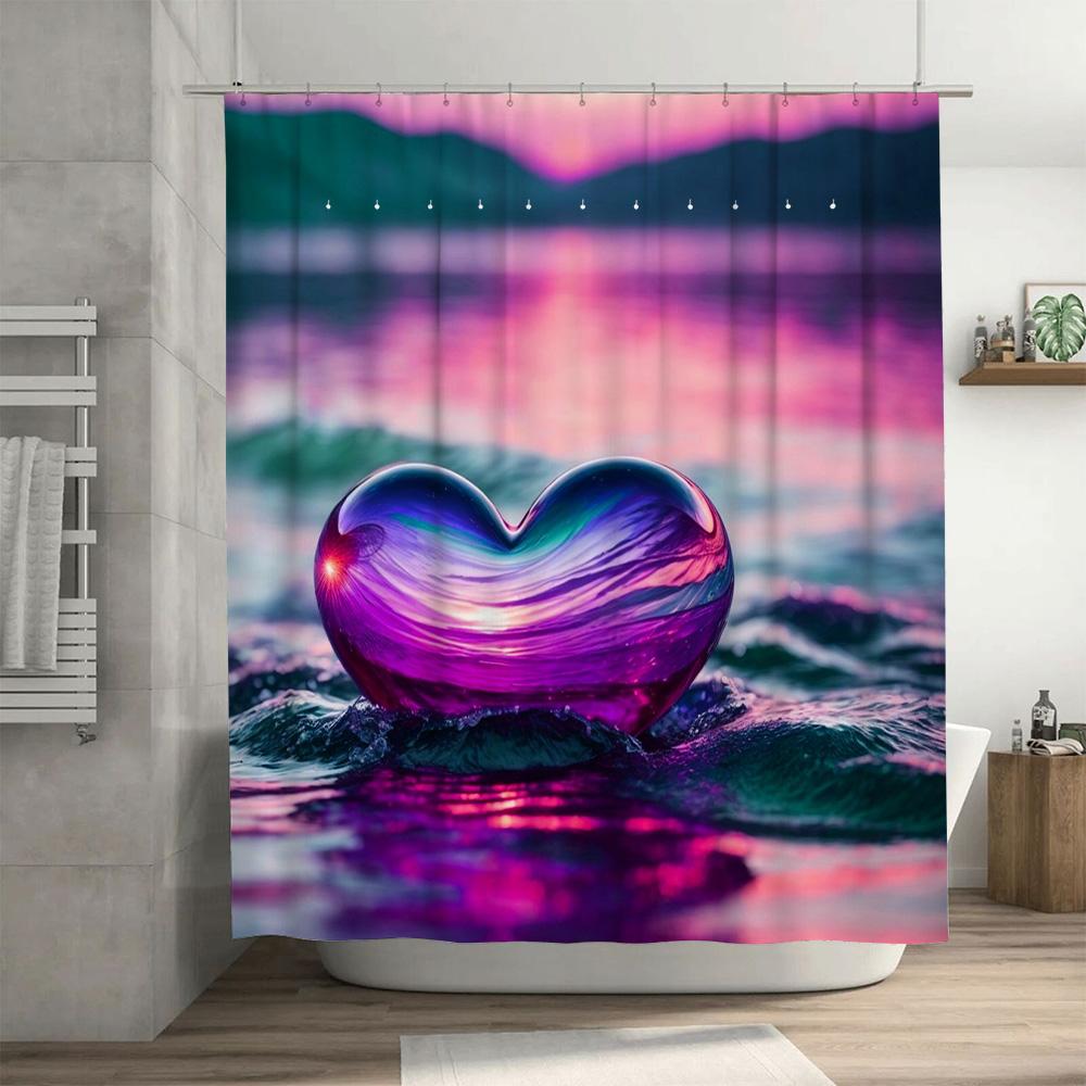 Colorful Heart Shape Shower Curtain Waterproof Decoration For Bathroom Pink Purple Blue Swirl Waves Print Fabric Home Supplies A