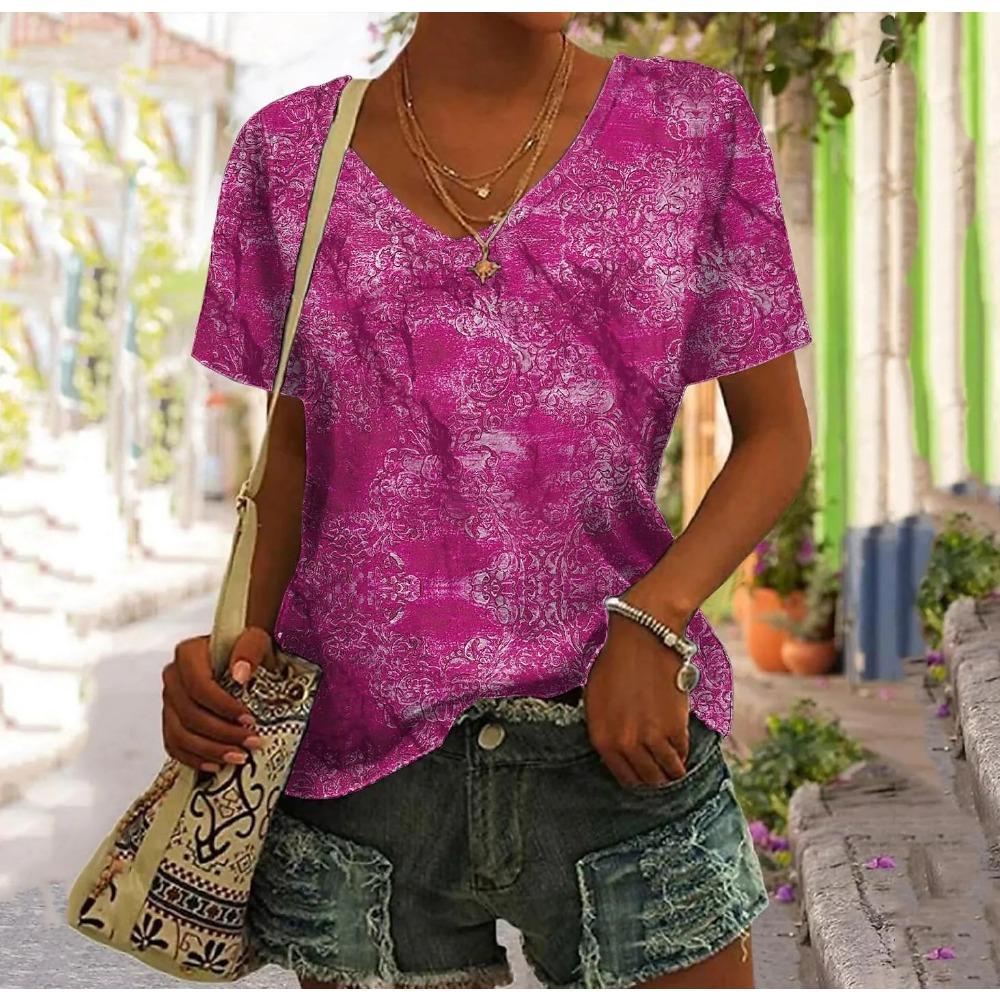 Tricou noi de vară pentru femei, cu imprimeu de flori 3d, cu decolteu în V, bluză cu mâneci scurte, tricouri de modă de dimensiuni mari, pentru femei, tricou Y2k pentru femei