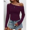 Solid Color Slanted Neck Long Sleeved Top Solid Diagonal Collar Long sleeve Top Women
