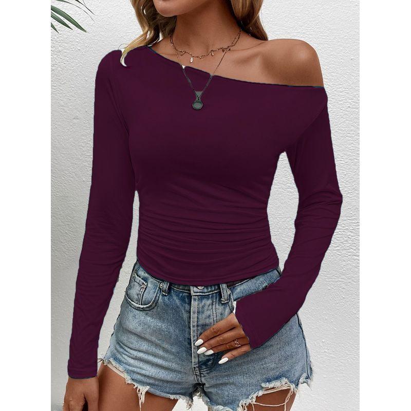 Solid Color Slanted Neck Long Sleeved Top Solid Diagonal Collar Long sleeve Top Women