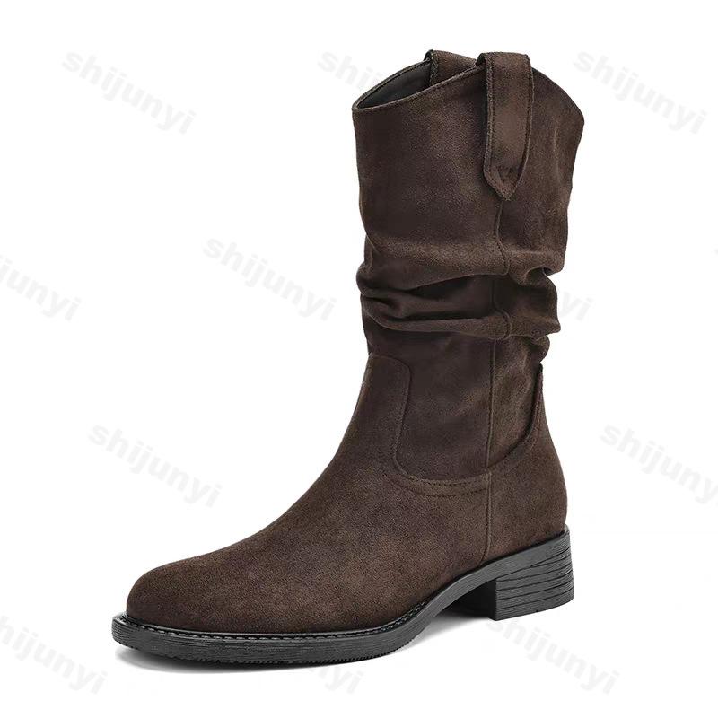 Fashion Vintage Women Cowboy Boots Autumn Winter Outdoor Non Slip Height Increase Shoes Comfortable Fashionable Platform Mid Calf Boots