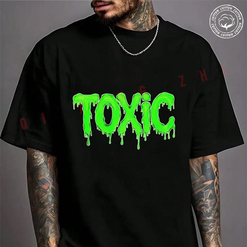 Toxic Dripping Green Text Graphic Motorcycle Cotton T-shirt Summer Casual Short Sleeved Basic T