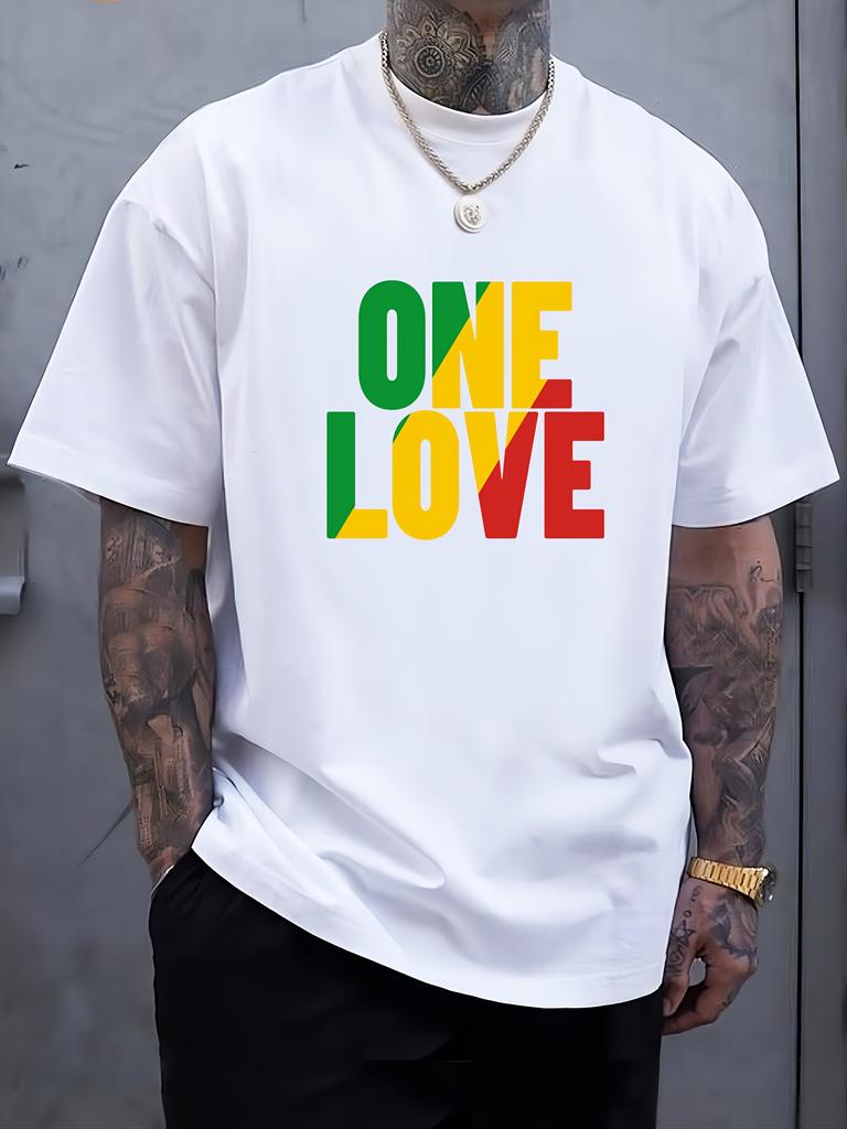 Unisex Summer Black Short Sleeve Tee One Love Rasta Color Letter Print Crew Neck Loose Reggae Streetwear Male Fashion Casual Top