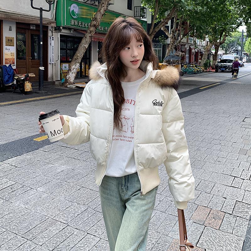 Winter Kurzer Pelzkragen Kapuzenjacke Verdickte Baumwolljacke Taillenverschlankend Sportlich Großer Pelzkragen Damen Verdickter Mantel