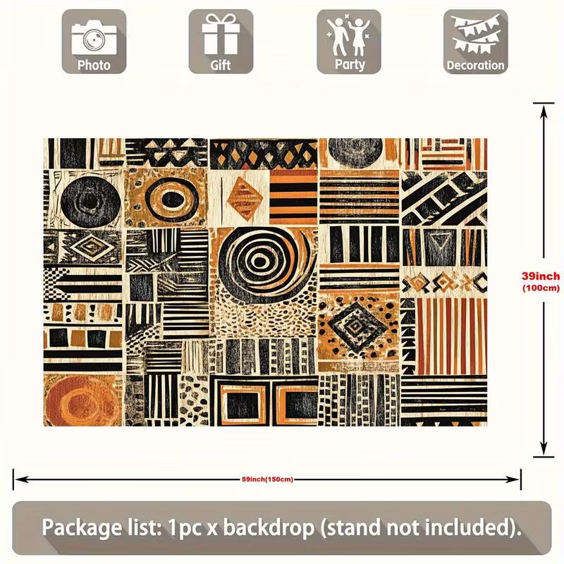 2D Flat Print African Tribal Tapestry with Geometric Patchwork, Black Orange Beige Mud Cloth Design