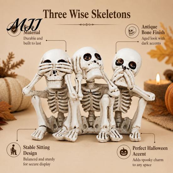 Retro Bone Texture Sculpture Halloween Three Wise Skull Ornaments, See No Hear Speak Evil Conjoined Resin Gothic Desktop Statue Skeleton Statue,
