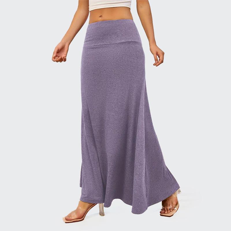 European & American Commuter A-Line Midi Skirt - Solid Color, Knit, Polyester-Cotton, Micro-Elastic, Spring/Autumn Wear
