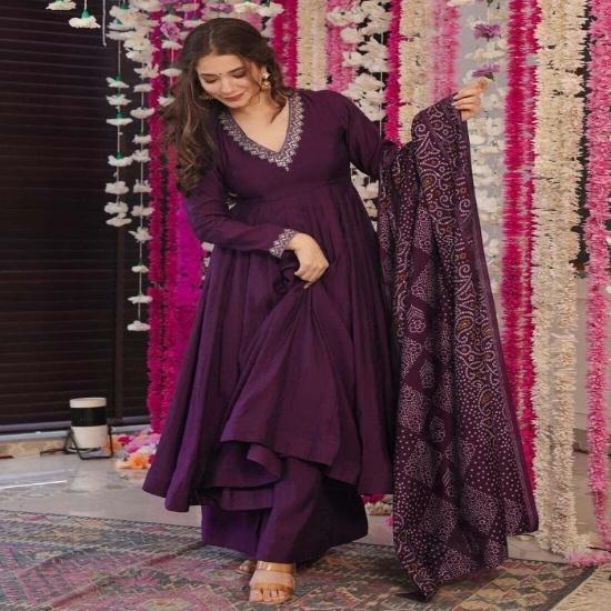 Deep Wine Embroidered V-Neck Anarkali Kurta Set with Bandhani Dupatta S