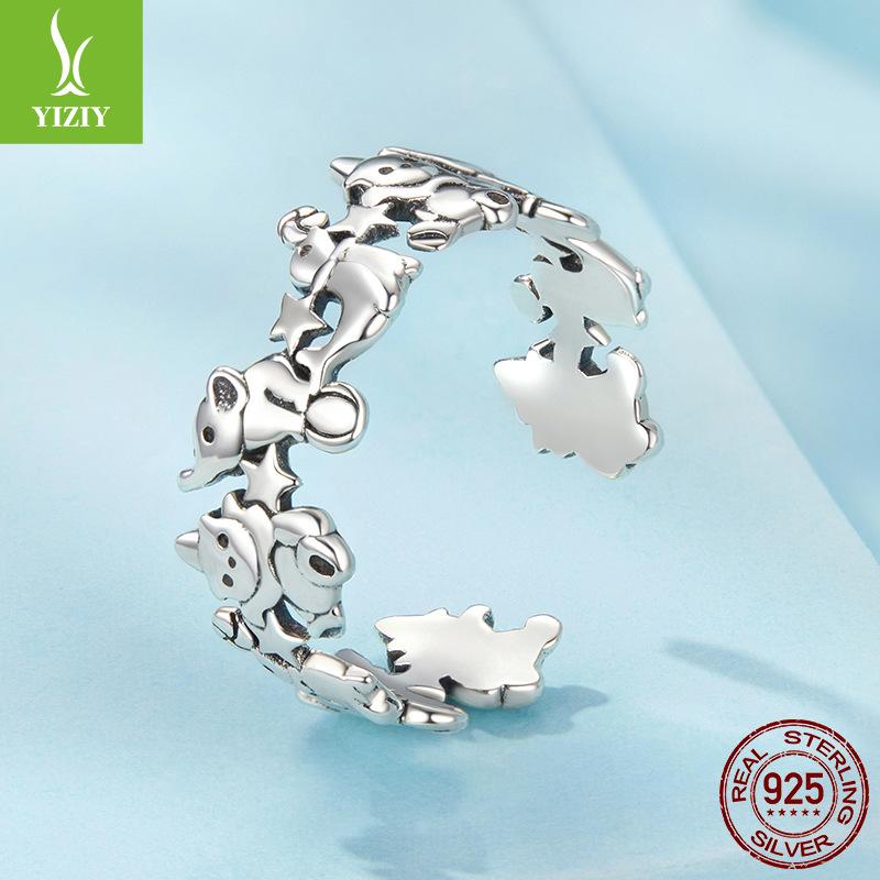 S925 Sterling Silver Circus Open Ring, Personalized Creative Animal Splicing Ring Jewelry