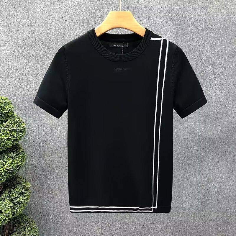 T-shirt Tricot Blanc Manches Courtes Homme avec Ligne Latérale Marron Détail Top Décontracté Coupe Ajustée