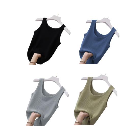 Women Vest Round Neck Sleeveless Slim Fit Tank Tops Solid Color Ribbed Lightweight Sports Gym Vest Daily Wear