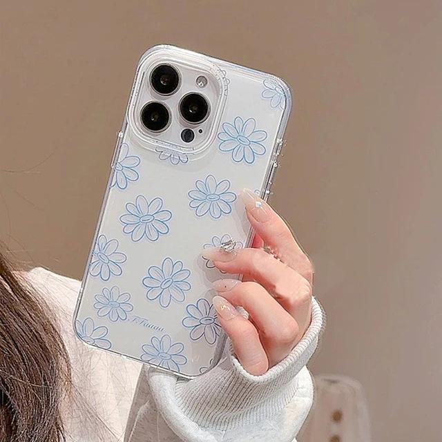 ins Korean blue line flower suitable for Apple iPhone16/17Pro mobile phone case 15IMD13 simple 14
