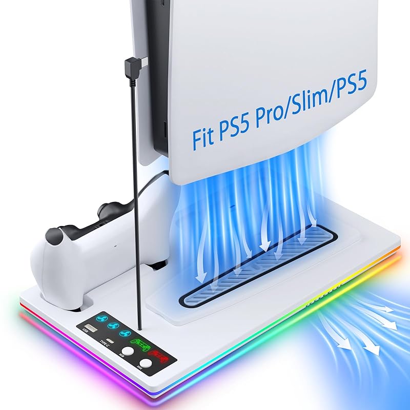 Охлаждающая станция для PS5, вертикальная подставка для PS5/PS5 Pro с RGB-подсветкой, станция двойной зарядки контроллеров для PS5, быстрая зарядка контроллеров PS5, 3 уровня