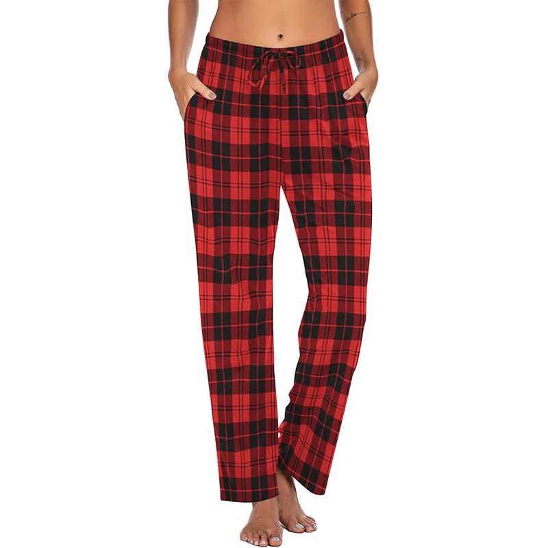 European and American Women's Plaid Print Casual Sleep Pants - Drawstring Loose Fit