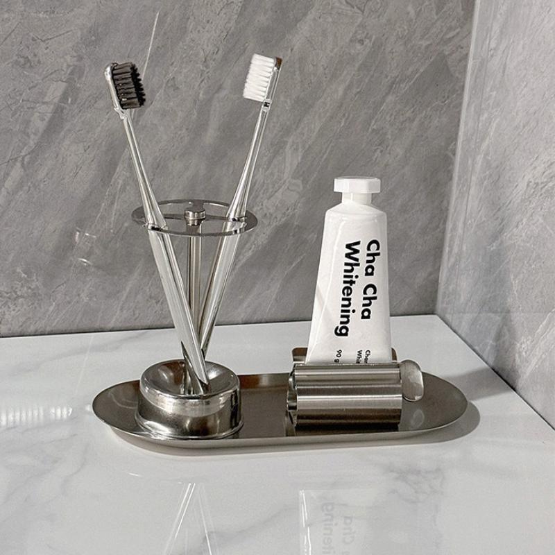3Pcs Stainless Steel Toothbrush And Toothpaste Holder Tray Home Storage Organizer Bathroom Accessories Lazy Tube Squeezer