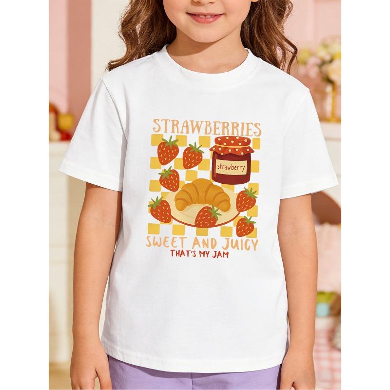 European sizes Girls Short Sleeve T-Shirt with Strawberry Croissant and Strawberry Jam Letter Print, Summer Children s Round Neck Top 110 белый