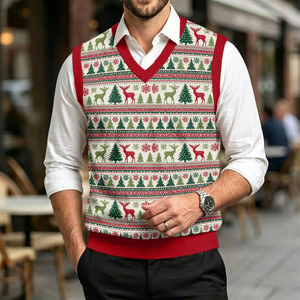 Men's V-Neck Sleeveless Knit Vest Casual Wool with Christmas Print for Commuting