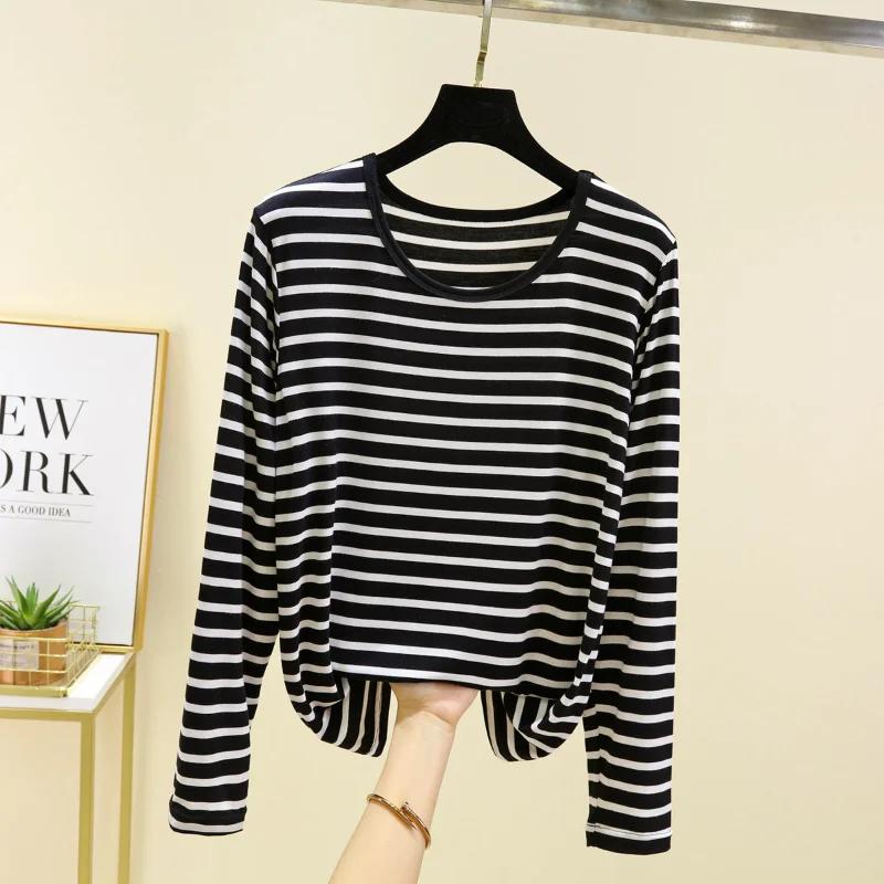 Spring Summer Base Shirt Loose Versatile Fashionable Top Striped Long-sleeved T-shirt Women
