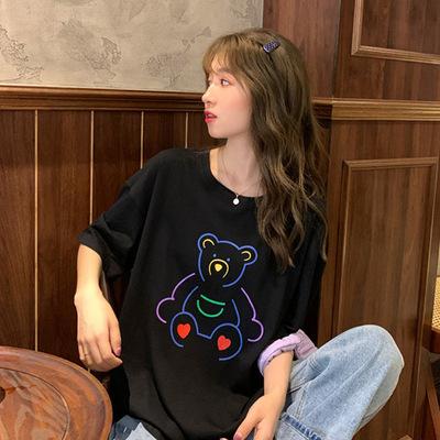 Summer Korean Version of the New Student Cute Cartoon Bear Print Loose BF Style Short-sleeved T-shirt Top Female Ins