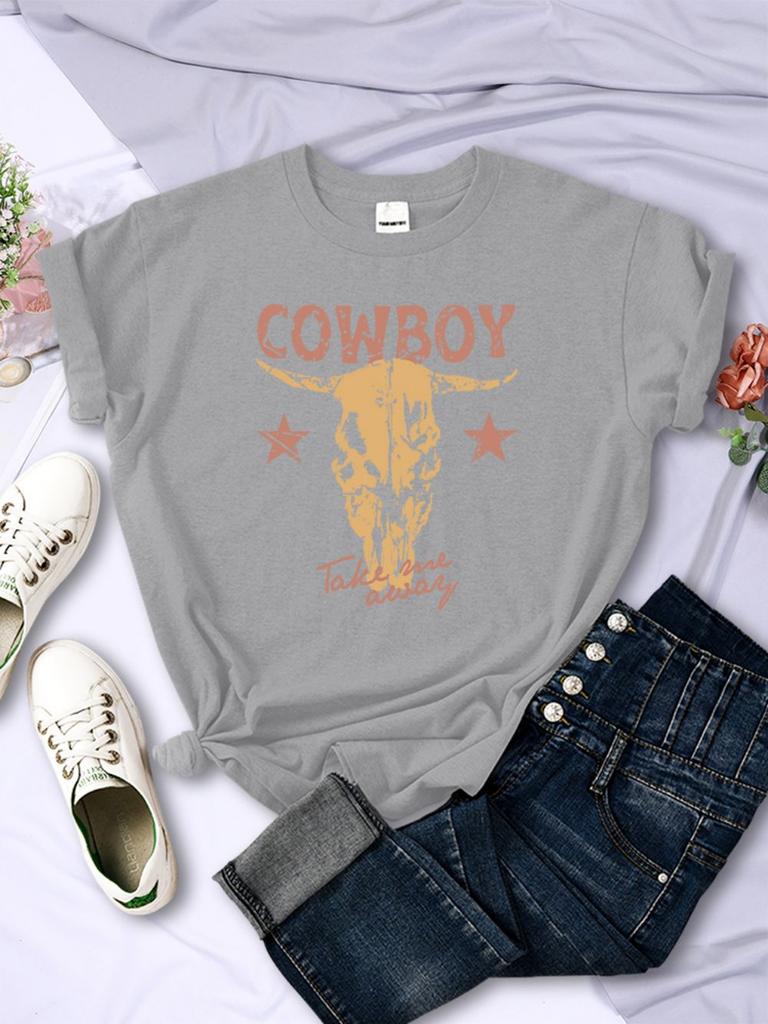Summer Womans TShirts Vintage Simple Cowboy Printing Tops Breathable Soft ONeck Short Sleeve Casual Cartoons Female Clothes
