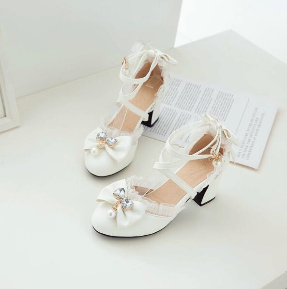 Girls High Heels 2026 Ladies Heels Sandals Sweet Bow Lace Princess Mary Jane Lolita Shoes Party High Heel Women Pumps Pink
