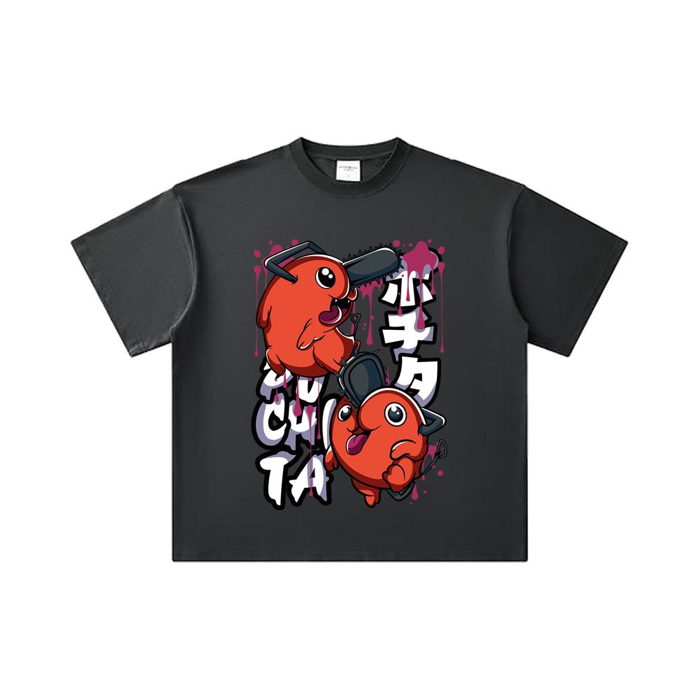 260 GSM Dvojitá příze 32 Počtu 100% Bavlna Chainsaw Man V37 Pochita Potisk Unisex Těžké Bavlněné Tričko
