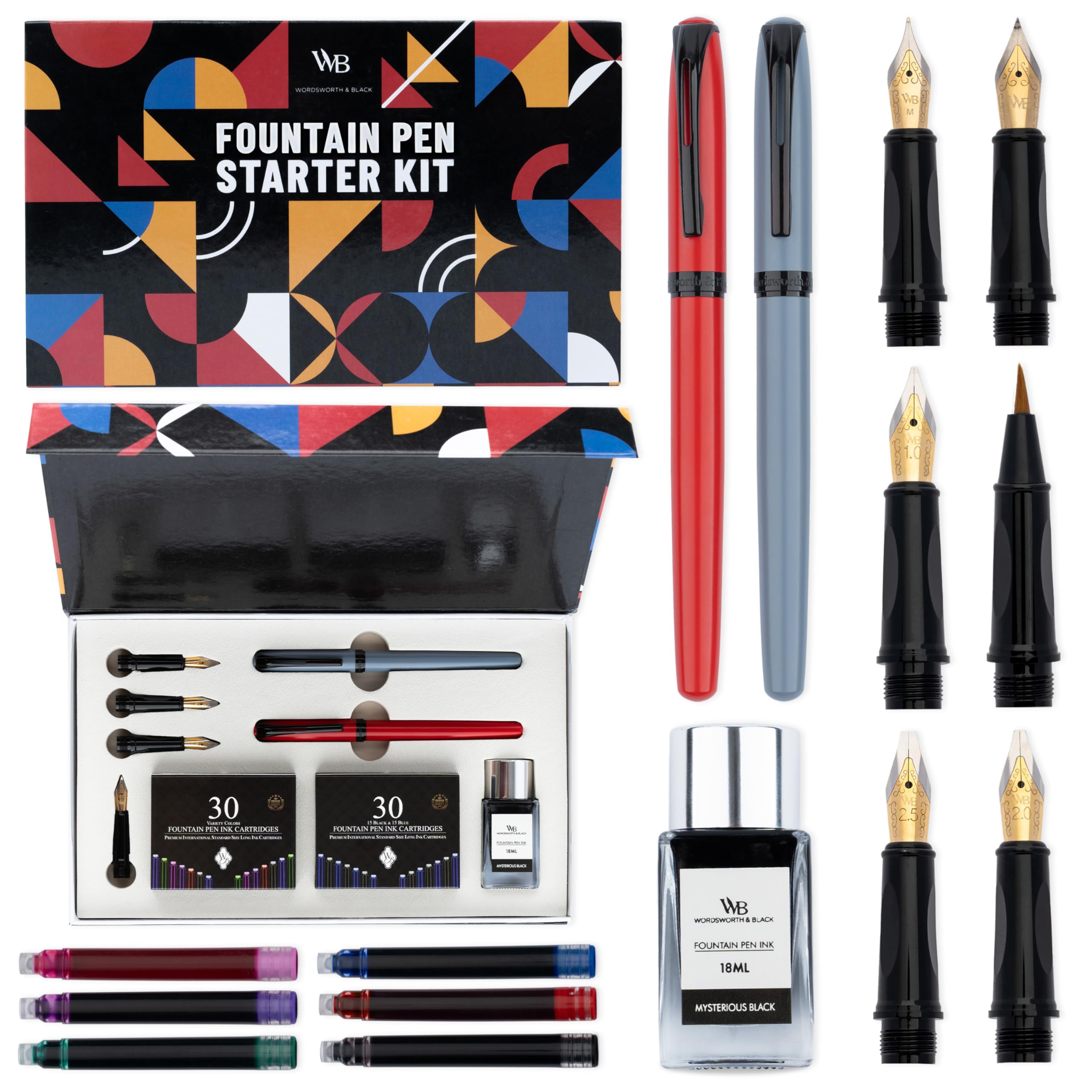 

Wordsworth and Black Fountain Pen Set - Gray - Includes 2 Pens, 18ml Ink Bottle, 60 Ink Cartridges, Ink Refill Converter, 1 Medium Nib, 4 Broad Nibs,