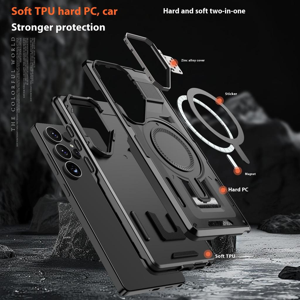 For Samsung Galaxy S25 Ultra Case Compatible with MagSafe Hollow Lens Frame Kickstand PC+TPU Phone Cover