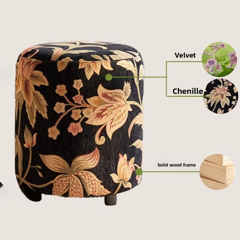 New Chinese Style Round Stool, Fabric Comfortable Footstool for Entryway Shoe Changing & Bedroom, Stylish Home Decor Accent