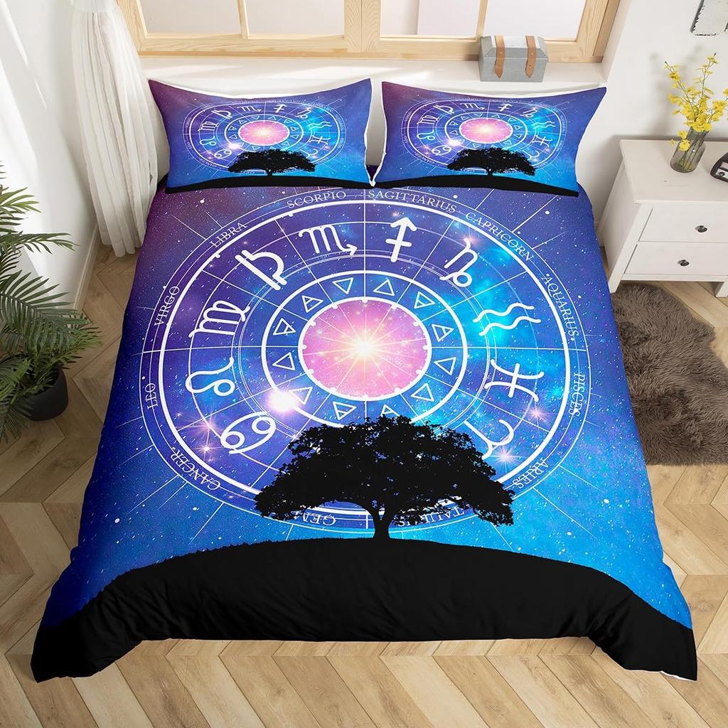 Libra Zodiac Duvet Cover Constellation Theme Bedding Set Twin,Western Boho Exotic Style 12 Horoscope Astrology Comforter Cover