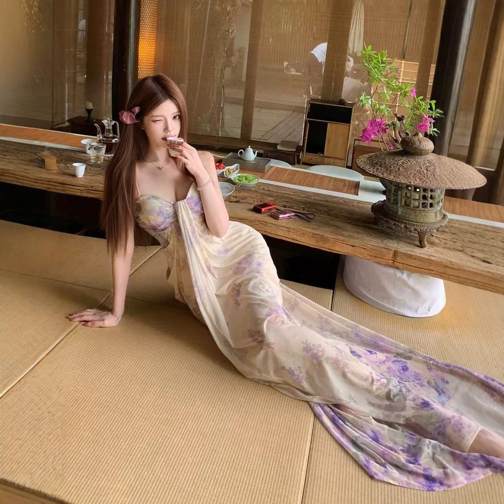 [Adjustable with Padding Pad] Sexy vacation-style purple floral spaghetti strap dress, women's slim mesh gown, stunning long dress