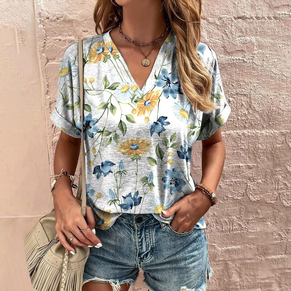 Women's T-shirt retro floral print summer casual V-neck women's clothing short-sleeved T-shirt women's fashion