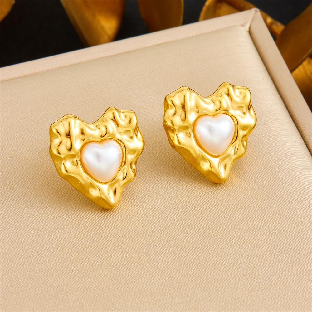 Vintage Heart Fan Shape Blue Turquoise Pearl Drop Earrings Necklace Set with Fashion Gold Accents