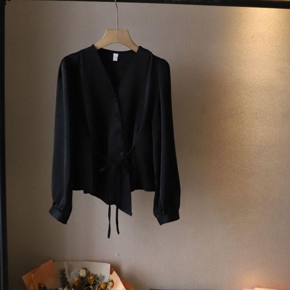 V-neck Long Sleeve Shirts Slim Fit Button Up Blouse Chic Office Ladies Tops Office
