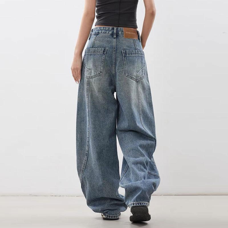 Versatile Loose Scimitar Wide-leg Jeans Versatile Slim Retro Trousers Stylish Classic Denim Silhouette Jeans, Vintage Wash with Relaxed Fit