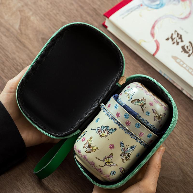 Full Flower Yellow Ru Kiln Hovering Express Cup Travel Tea Set Outdoor Tea Set Portable Enamel Color