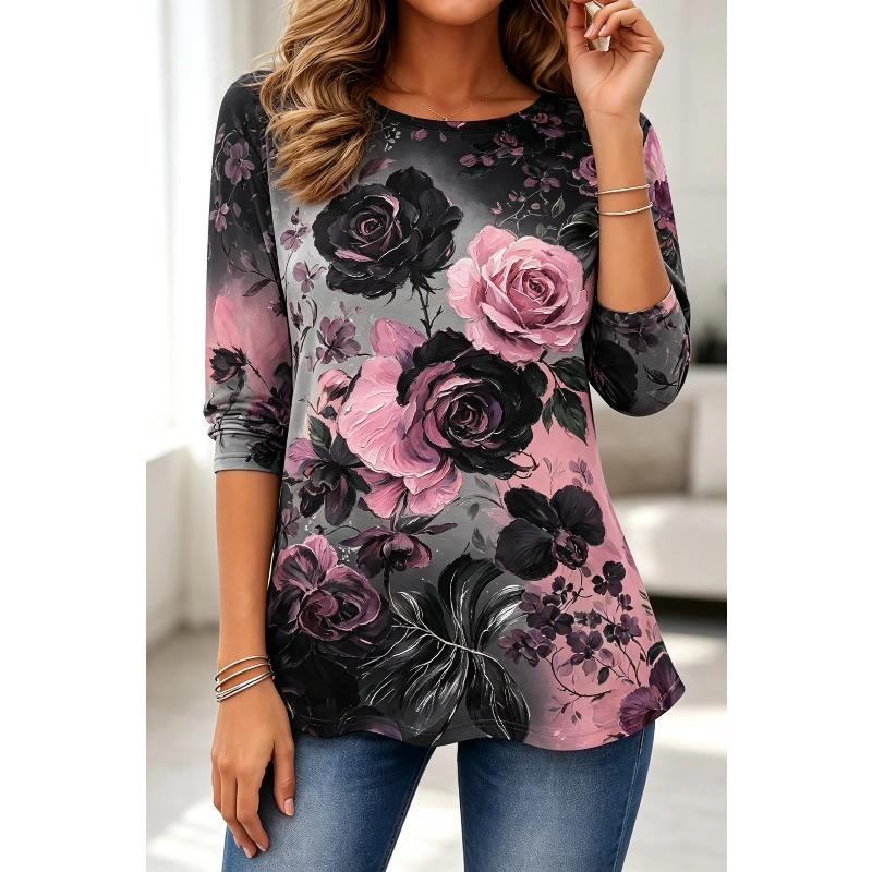 Autumn and Winter Women's Flower 3D Printing Long-sleeved T-shirt Fashionable, Versatile and Comfortable