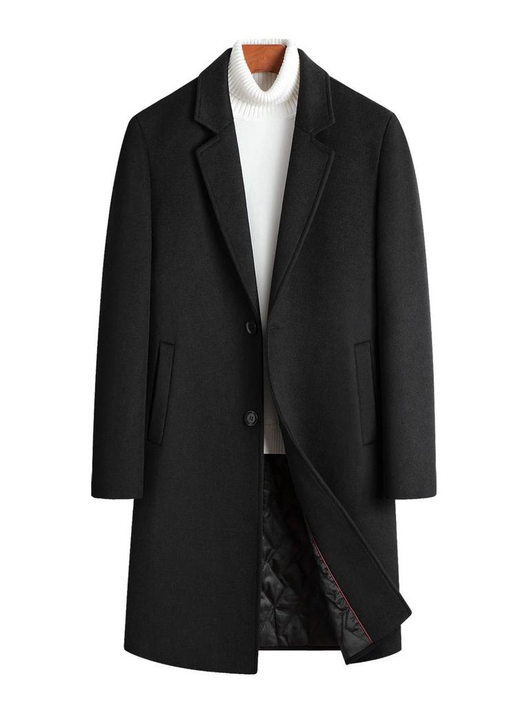 Men's Mid-Length Wool Overcoat with Cotton Padding and Suit Collar - Casual Plus Size