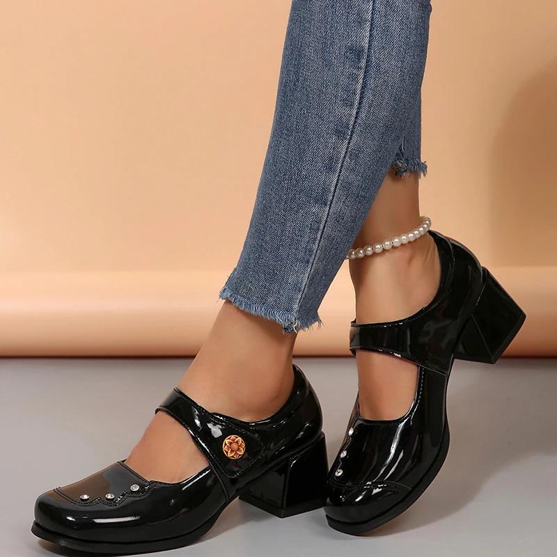 Waterproof Platform High Heels Women's Chunky Heel 2025 New Arrival Elegant Black Patent Leather Buckle Thick Sole Mary Jane