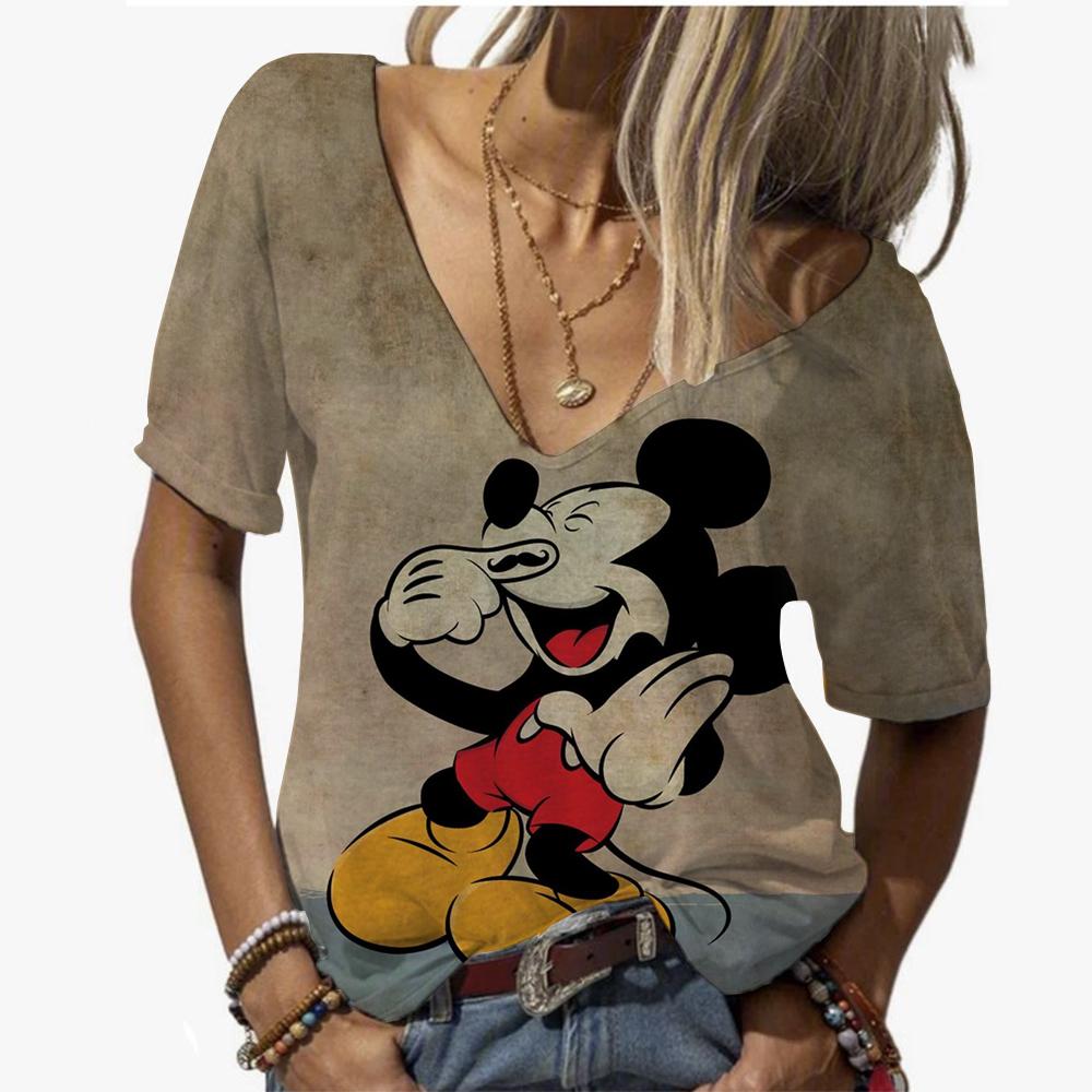 Disney Minnie Maus T-Shirt Damen Sommer Mode V-Ausschnitt Oberteile T-Shirts Weiblich Lässig Kurzarm Kleidung Cartoon Outfit Streetwear M
