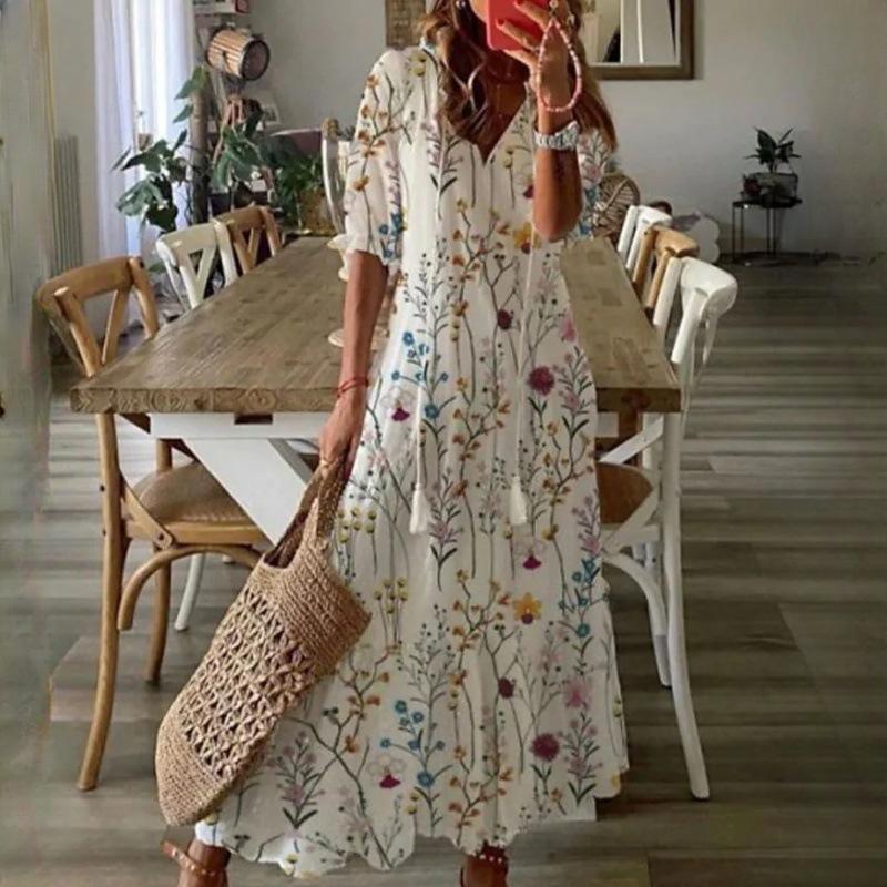 IHUASU Damen Casual Sweetheart Loose V-Ausschnitt Bedruckte Hosenträger Mittellange Ärmel Lange Kleider