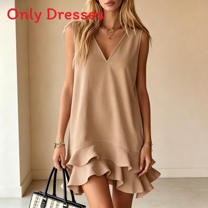 Casual Sleeveless V Neck Dress With Ruffle Hem For Summer Comfort
