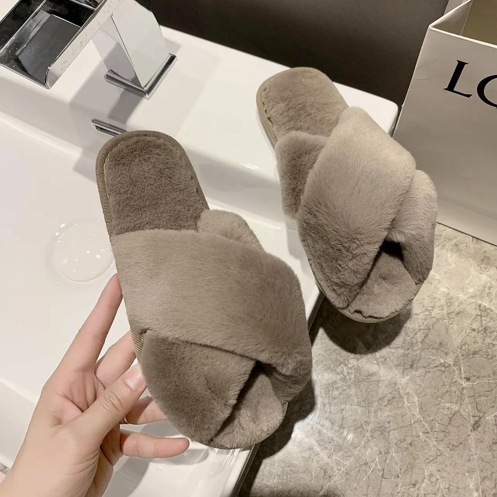 NEW Design Women Winter House Furry Slippers Women Cross Fluffy Fur Home Slides Flat Indoor Floor Shoes Ladies Flip Flops