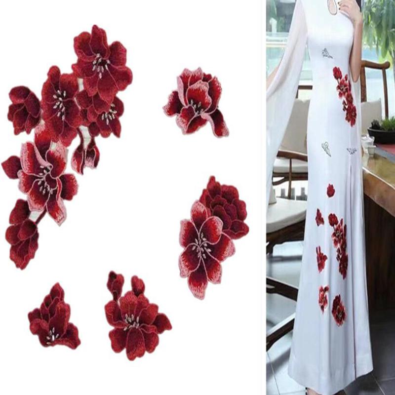 5 Stück/Set Rote Blume Bestickte Nähflicken Für Kleidung Kleid DIY Dekoration Reparatur Applikation