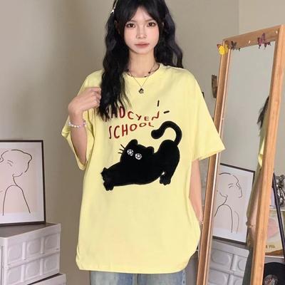 Sommer Reine Baumwolle Damen Lustiger Cartoon Print T-Shirt Harajuku Rundhals Oversize Lässig Y2K Oberteile Junges Mädchen T-Shirts Streetwear