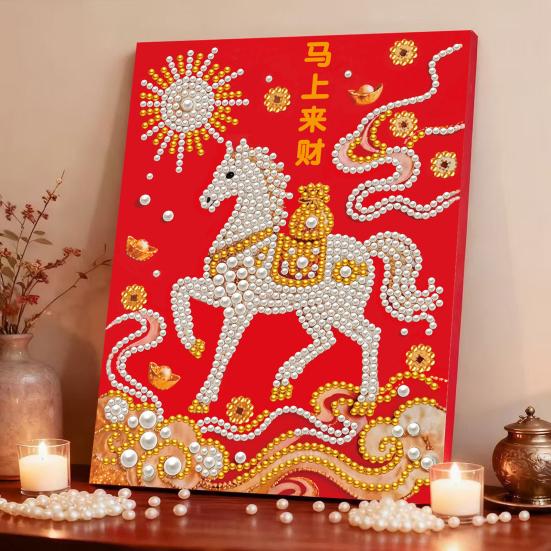 Faux Pearl Painting Kit Horse Pattern DIY 3D Beaded Art Craft with Glossy Faux