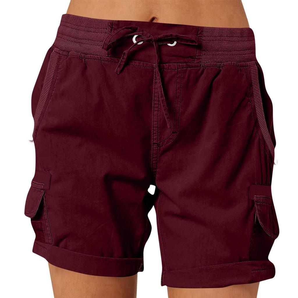 Women's Fashionable Solid Color Pocket Drawstring Casual Work Pants With Elastic Waist And Rolled Edge Five Quarter Shorts
