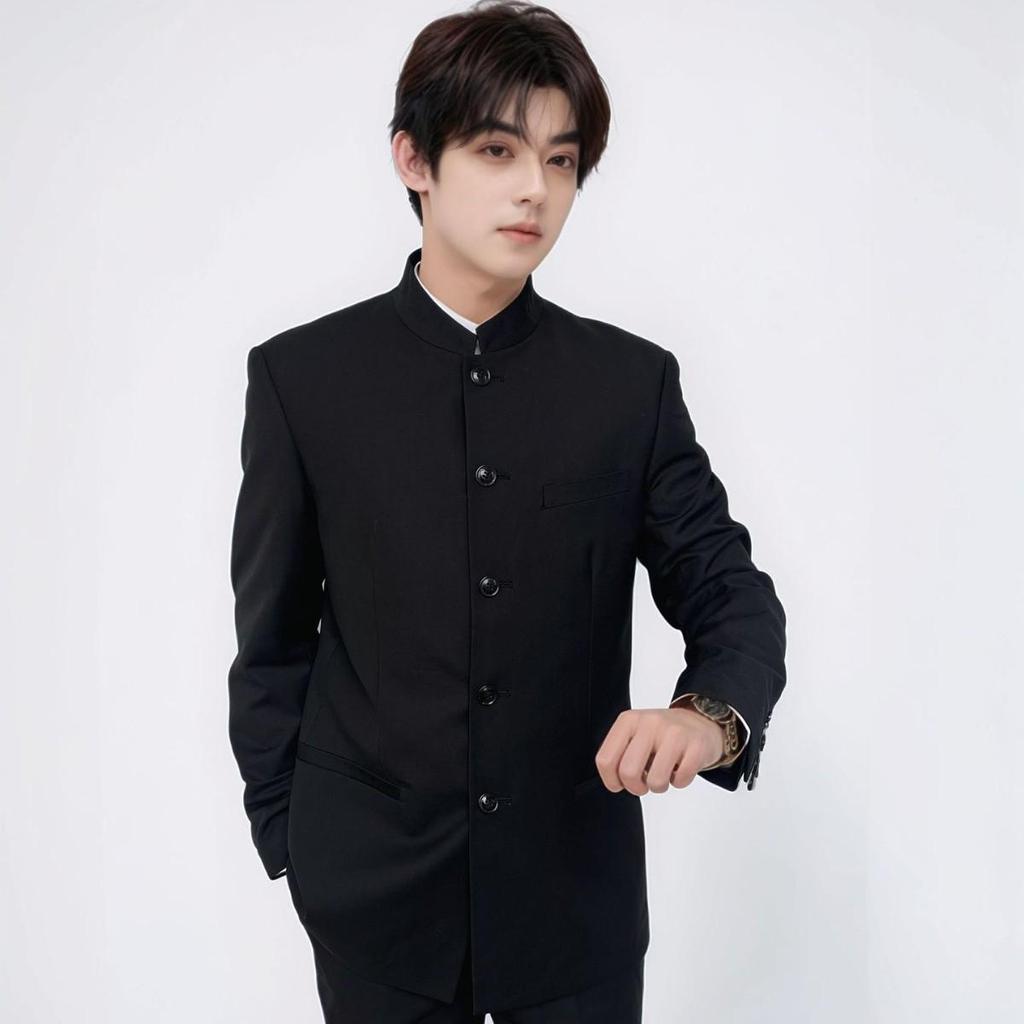 Men's Slim Fit Zhongshan Suit Set - Chinese Style Tuxedo with Stand-Up Collar, Four Seasons Wear