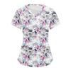 Women's Retro Floral Printed Short Sleeve V-neck Tops Working Pocket Blouse