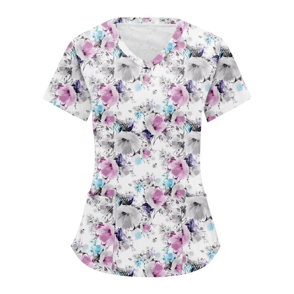 Women's Retro Floral Printed Short Sleeve V-neck Tops Working Pocket Blouse